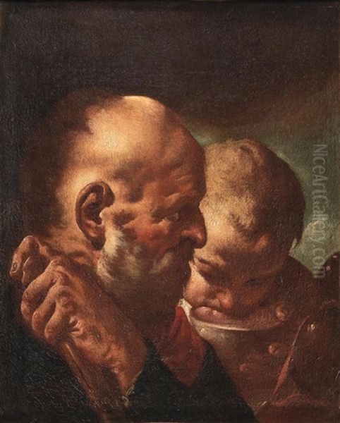 An Elderly Man With A Child Drinking - view 1