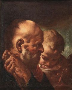 An Elderly Man With A Child Drinking