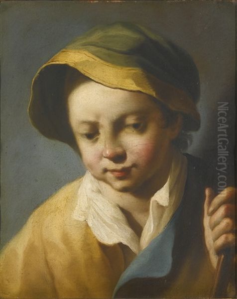 Head Of A Boy Looking Down, Wearing A Green And Yellow Hat, And Holding A Wooden Staff - view 1