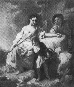 A Young Woman Seated On A Rock By A Pool With A Man And Young Child Carrying A Basket by Giovanni Battista Piazzetta