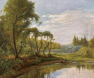 Landscape With A Fisherman In A Row Boat by Gottardo Piazzoni