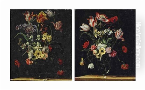 Tulips, Daffodils, Carnations, Poppies And Other Flowers In A Glass Vase On A Wooden Ledge (+ Another, Similar; Pair) - view 1