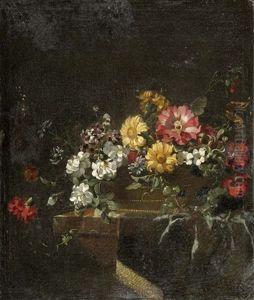 Blumenbouquet In Einem Flechtkorb Auf Einer Tischplatte by Jean-Michel Picard