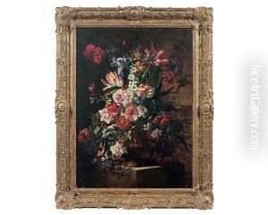 Fleurs Coupees Dans Un Vase De Bronze Pose Sur Un Entablement