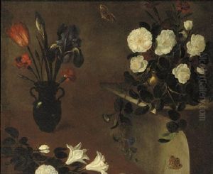An Iris, A Tulip And Carnations In A Vase With Roses In A Copper Bowl On A Pedestal Nearby