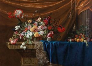 A Still Life Of A Basket Of Flowers And A Mound Of Fruit On A Sculpted Stone Table