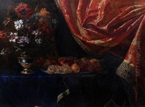 Tulips, Narcissi And Carnations In A Vase On A Table-top With A Platter Of Fruit Before A Red Curtain
