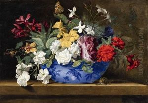 Floral Still Life With A Snail And Butterfly by Jean-Michel Picart