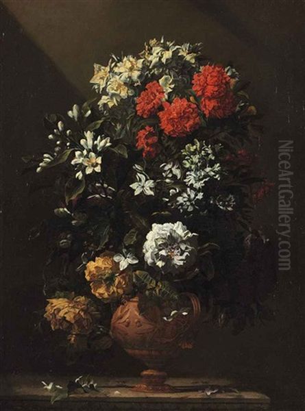 Roses And Other Spring Flowers In A Vase On A Stone Ledge - view 1