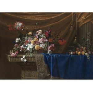 A Still Life Of A Basket Of Flowers And A Mound Of Fruit On A Sculpted Stone Table, Partly Covered With A Blue Velvet, Gold-and-silver-fringed Cloth With Drapery And A Stone Column In The Background