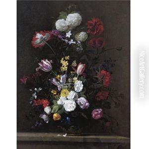 A Bouquet Of Flowers With Poppies, Roses, Tulips, Narcissi, Cyclamen, And Hydrangeas In A Lapis Vase With Butterflies On A Stone Ledge by Jean-Michel Picart