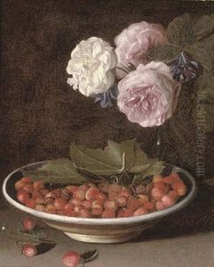 Roses And Campanula In A Glass Vase With Wild Strawberries In A Bowl On A Stone Ledge Roses And Campanula In A Glass Vase With Wild Strawberries In A Bowl On A Stone Ledge