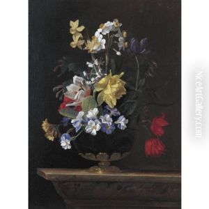 A Still Life Of Flowers In A Ormulu Mounted Lapis Lazuli Vase On A Stone Ledge