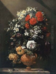 Carnations, Irises And Blossom In A Sculpted Vase On A Stone Ledge