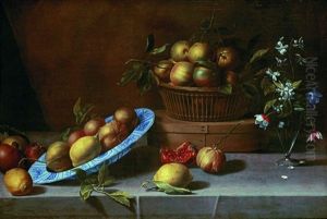 Nature Morte Aux Plat De Citrons, Panier De Bigarades Et Vase De Fleurs Sur Un Entablement by Jean-Michel Picart
