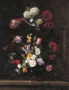 Poppies, Roses, Tulips, Narcissi, Cyclamen, Hydrangeas And Other Flowers In A Lapis Vase With Ormolu With A Red Admiral Butterfly...