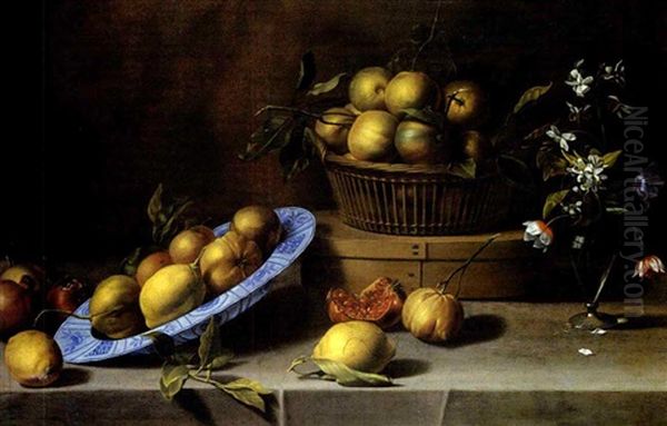 Nature Morte Aux Plat De Citron, Panier De Bigarades Et Vase De Fleurs Sur Un Entablement - view 1