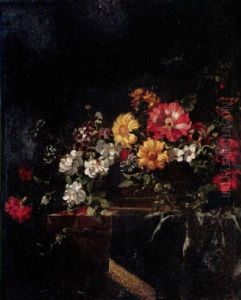 Still Life Of Flowers In A Vase On A Ledge by Jean-Michel Picart