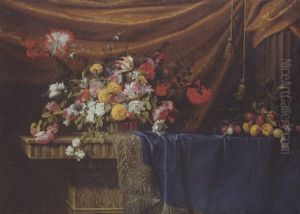 Tulips, Roses, Lilies And Other Flowers In A Basket, Plums On A Branch With A Snail And Peaches On Blue Velvet, Draped Over A Sculpted Stone Table by Jean-Michel Picart