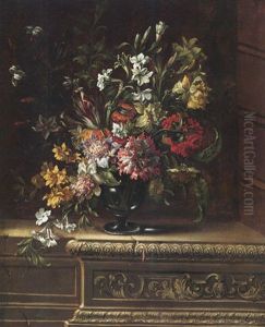 Still Life Of Carnations, Chrysanthemums, Narcissi, Tulips, Lilies And Other Flowers, In A Glass Vase On A Sculpted Frieze by Jean-Michel Picart