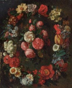 A Swag Of Tulips, Narcissi, Convulvulus, Corn Flowers And Other Flowers Surrounding A Bunch Of Roses by Jean-Michel Picart