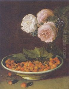 A Still Life Of Three Roses In A Glass Vase And Wild Strawberries In A Bowl, All On A Table-top