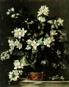 A Bouquet Of Syringa In A Glass Vase Resting On A Ledge A Bouquet Of Syringa In A Glass Vase Resting On A Ledge