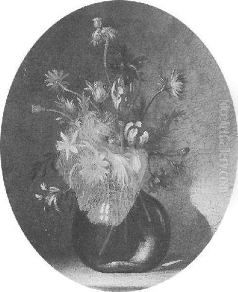 A Still Life Of Tulips, Narcissi, Poppies And Other Flowers In A Glass Vase On A Stone Ledge - view 1