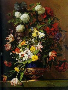 Still Life Of Flowers In An Ormolu Mounted Lapis Lazuli Vase On A Stone Console