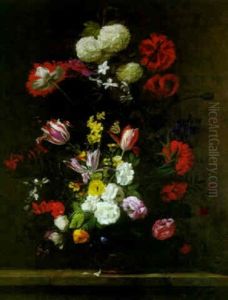 Tulips, Roses And Other Flowers In A Porcelain Vase On A Stone Ledge