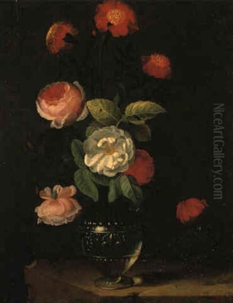 Roses And Carnations In A Facon-de-venise Vase On A Stone Ledge - view 1