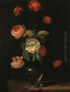 Roses And Carnations In A Facon-de-venise Vase On A Stone Ledge by Jean-Michel Picart