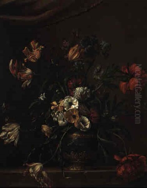 Still Life Of Tulips And Other Flowers In An Urn On A Stone Ledge - view 1