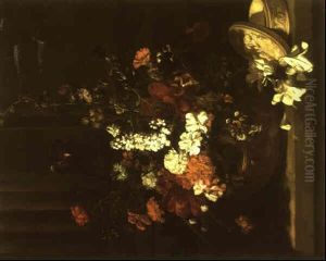 Still Life With Flowers In A Sculptured Urn On A Stone Ledge by Jean-Michel Picart