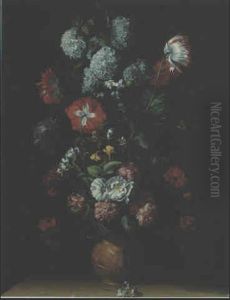 Chrysanthemes, Coquelicots Et Roses Dans Une Urne Sculptee  Avec Deux Papillons Et Des Bougeons, Sur Un Rebord by Jean-Michel Picart