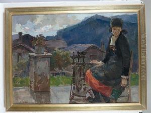 Paesaggio Con Figura Femminile All'arcolaio by Gino Piccioni
