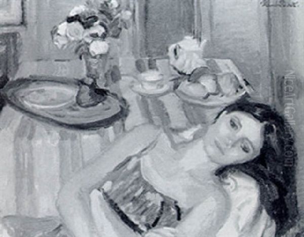 Young Girl Reclining By A Table With Flowers And Fruit - view 1