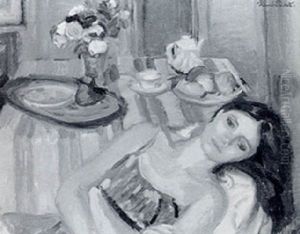Young Girl Reclining By A Table With Flowers And Fruit by Ramon Pichot Gironès