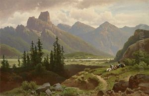 Alpenlandschaft Mit Prachtvollem Massiv, Flusslauf Und Schafer Mit Seiner Herde