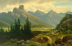 Malerische Flusslandschaft In Den Alpen Mit Gebirgspanorama Und Schafer Mit Ruhender Herde Auf Besonnter Wiese by Anton Pick