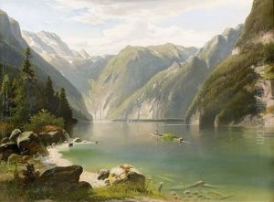 Seepartie Im Gebirge Mit Bauerin Auf Einem Heukahn