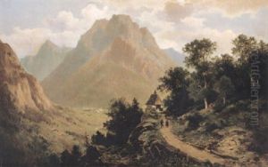 Gebirgslandschaft Mit Einer Kapelle Und Einem Dorf In Der Ebene by Anton Pick