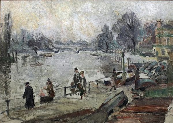 The Thames At Richmond - River Scene With Figures And Boats To Foreground And Road Bridge To Background - view 1