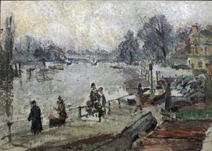 The Thames At Richmond - River Scene With Figures And Boats To Foreground And Road Bridge To Background by Louise Pickard