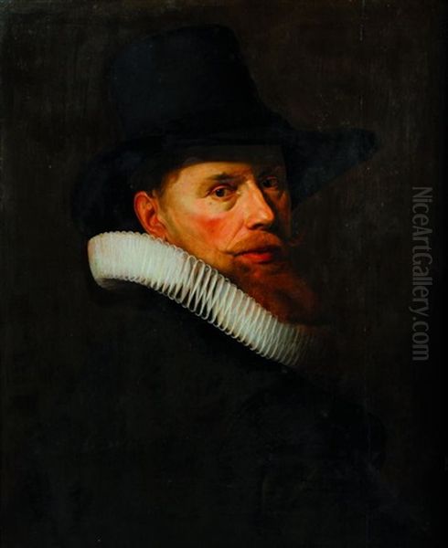 Portrait D"homme En Buste A La Collerette Plissee Et Coiffe D"un Chapeau - view 1