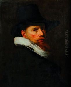 Portrait D"homme En Buste A La Collerette Plissee Et Coiffe D"un Chapeau