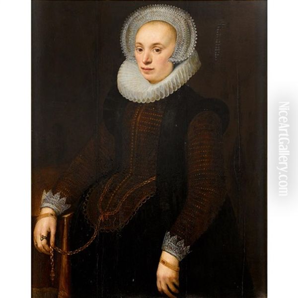 Portrait Of A Lady, Three-quarter Length, With Molensteenkraag, White Lace Collar And White Lace Headdress - view 1