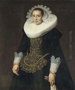 Portrait Of A Lady, Three-quarter-length, In A Golden Embroidered Dress With A White Lace Collar And A White Lace Cap, With Two Golden Bracelets And Rings by Nicolaes Eliasz Pickenoy