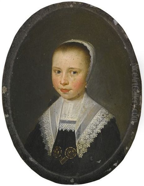 Portrait Of A Girl, Half-length, In A Black Dress With Lace Cap And Collar, Wearing Pearl Earrings - view 1