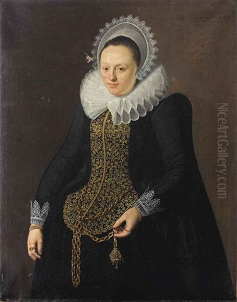 Portrait Of A Lady In A Black Dress With White Lace Collar And Lace Headdress - view 1